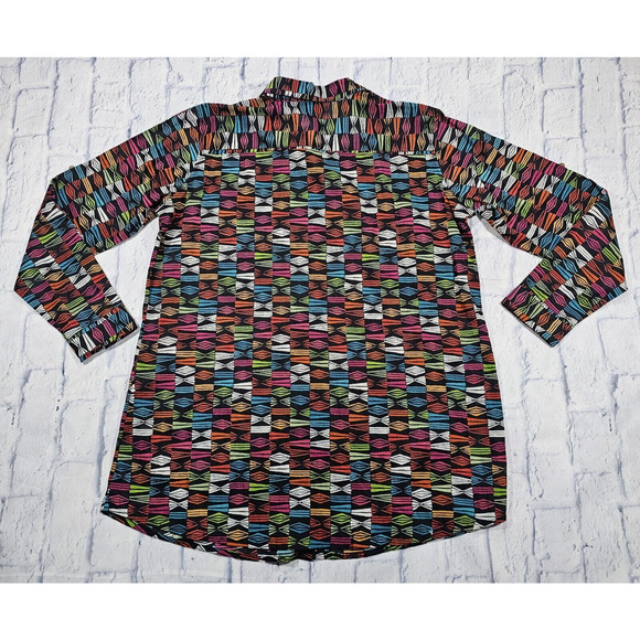 KikiSol WOMENS SIZE L Multicolor Art Boho Tunic Boyfriend Shirt Button Sheer - Picture 7 of 10